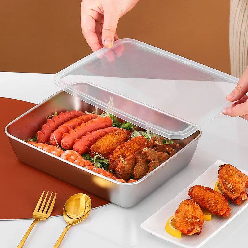Cross-border Stainless Steel Towel Tray Outdoor Food Preparation Tray with Lid Baking Tray Household Refrigerator Storage Lunch Box Rectangular Square Tray