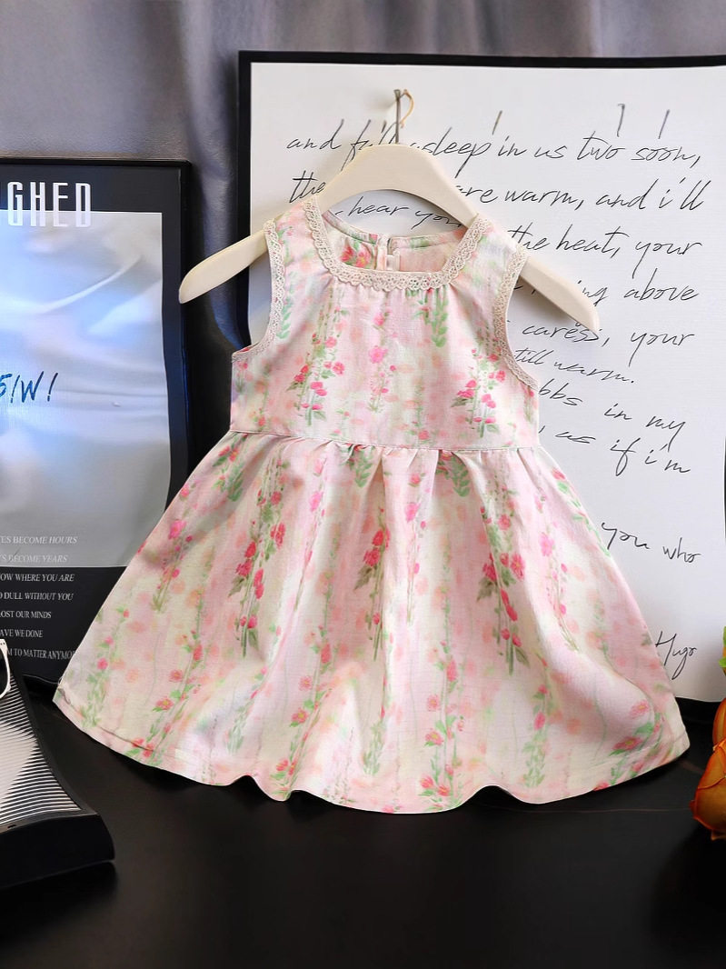 Gaun putri motif bunga penuh anak perempuan baru musim panas, gaya liburan manis, gaun tali