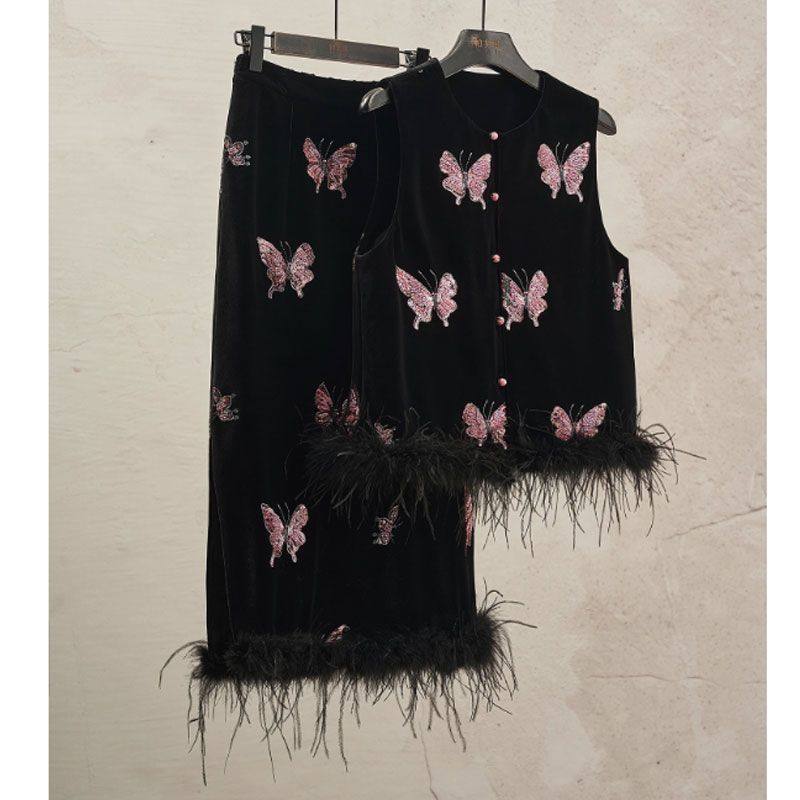 New Chinese Style Black and Pink Butterfly Heavy-Duty Fur Vest 2025 New Early Autumn Classy Chinese Style Women's Suit