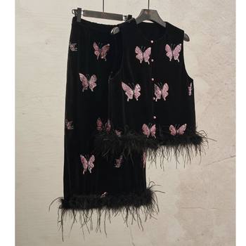 New Chinese Style Black and Pink Butterfly Heavy-Duty Fur Vest 2025 New Early Autumn Classy Chinese Style Women's Suit
