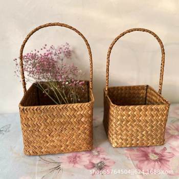 Seagrass Woven Basket Hand-held Gift Bamboo Basket Hand-held Flower Arranging Flower Basket Rattan Woven Dried Flower Children's Basket Handmade Grass
