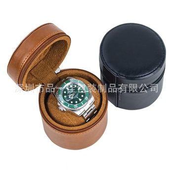 Factory in stock PU leather cylindrical single zipper watch box portable compact anti-drop mechanical watch box
