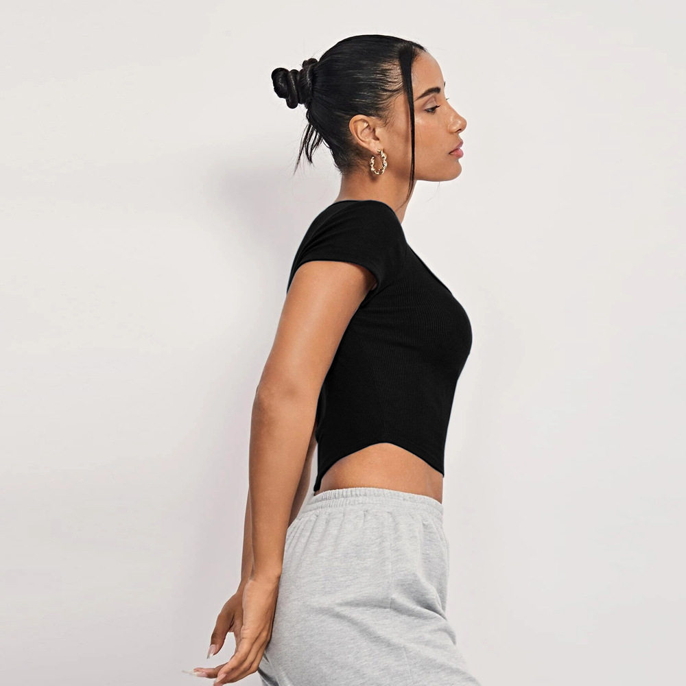 Slim Fit Short Sleeve Knitted T Shirt Square Neck Irregular Hem Casual Style Summer Womens Activewear Wholesale