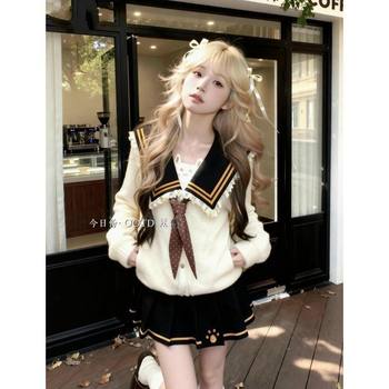 Japanese-Style College Sweet Cute Sailor Suit Color-Block Navy Collar Top Waist-Cinching Pleated Skirt Two-Piece Set