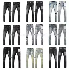 High-Quality Pu Foreign Trade Cross-Border Vintage Splatter Ink Slim-Fit Skinny Trendy Brand Pants with Ripped Patches and Embroidery Men's Jeans