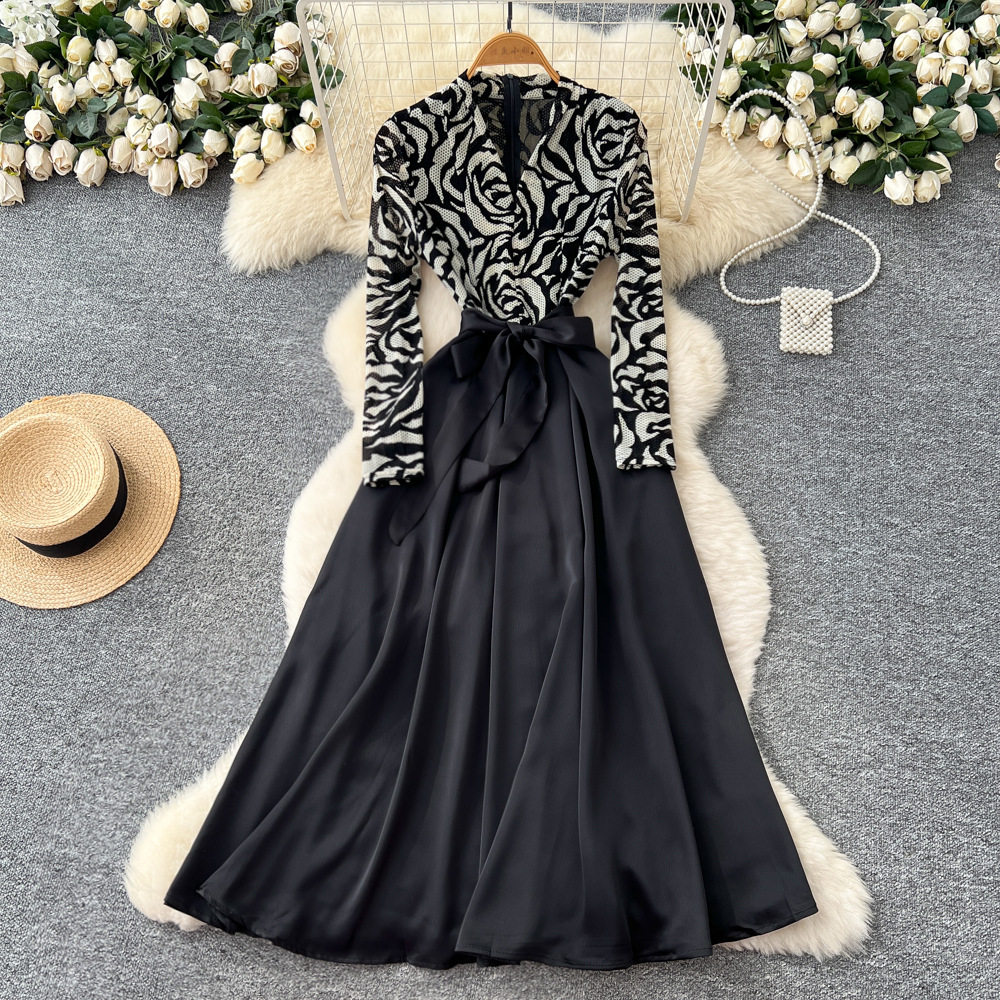 Elegant Womens Long Sleeve Dress High End French Style Floral Mesh Waist Tie A Line Silhouette Autumn Collection