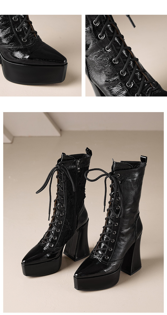 Boot nữ cao gót 12cm buộc dây phối ren đế dày cổ thấp — Da bò đen + lót nhung ren, Da bò đen + lót ren, Lớp lót bằng da bò màu đen