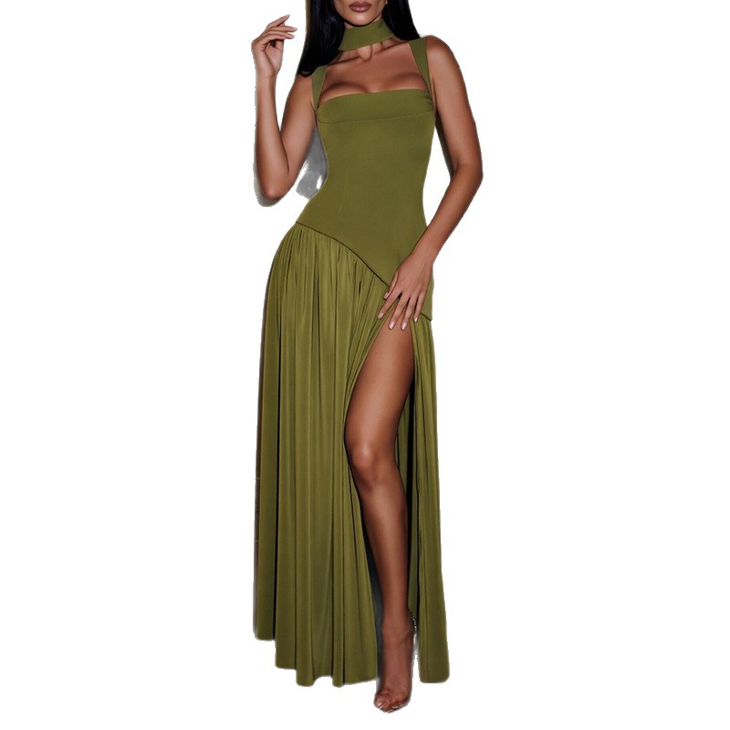 Womens Summer Dress Elegant Solid Color Pleated Design Side Slit Perfect for Casual or Formal Occasions Wholesale