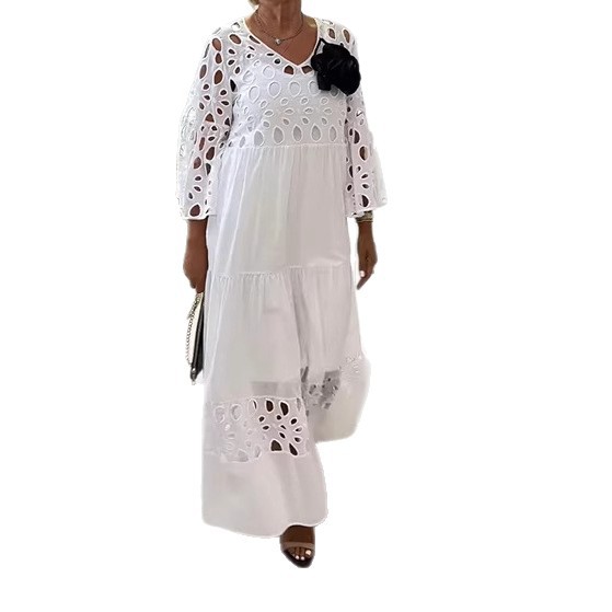 Elegant Lace Hollow Out Maxi Dress Loose Fit V Neck Fashionable Style Perfect for Summer Events Wholesale Available
