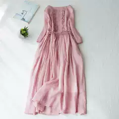 Counter Tail Goods Women's Summer Ramie Short-sleeved Elegant Age-reducing Fungus Dress Linen Large Size Large Swing Skirt Q21