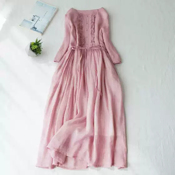 Counter Tail Goods Women's Summer Ramie Short-sleeved Elegant Age-reducing Fungus Dress Linen Large Size Large Swing Skirt Q21