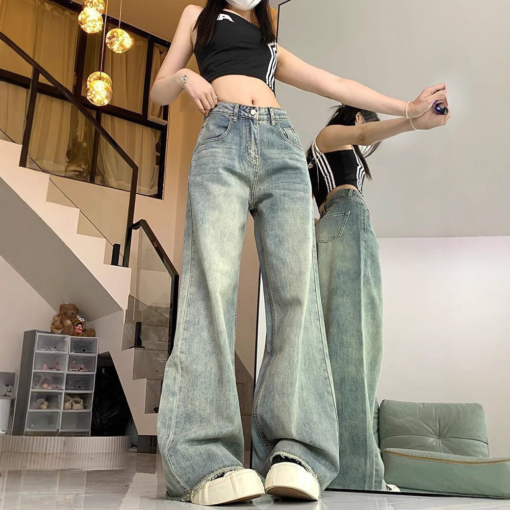 High Waist Loose Fit Vintage Wash Denim Trousers for Women Casual Wide Leg Design Available in Blue and Black Wholesale