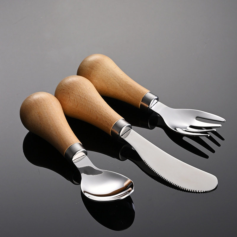 Erne 304 Stainless Steel Short Round Wooden Handle Portable Western Tableware Knife and Fork Spoon Children's Maternal and Infant Feeding Tableware Gift
