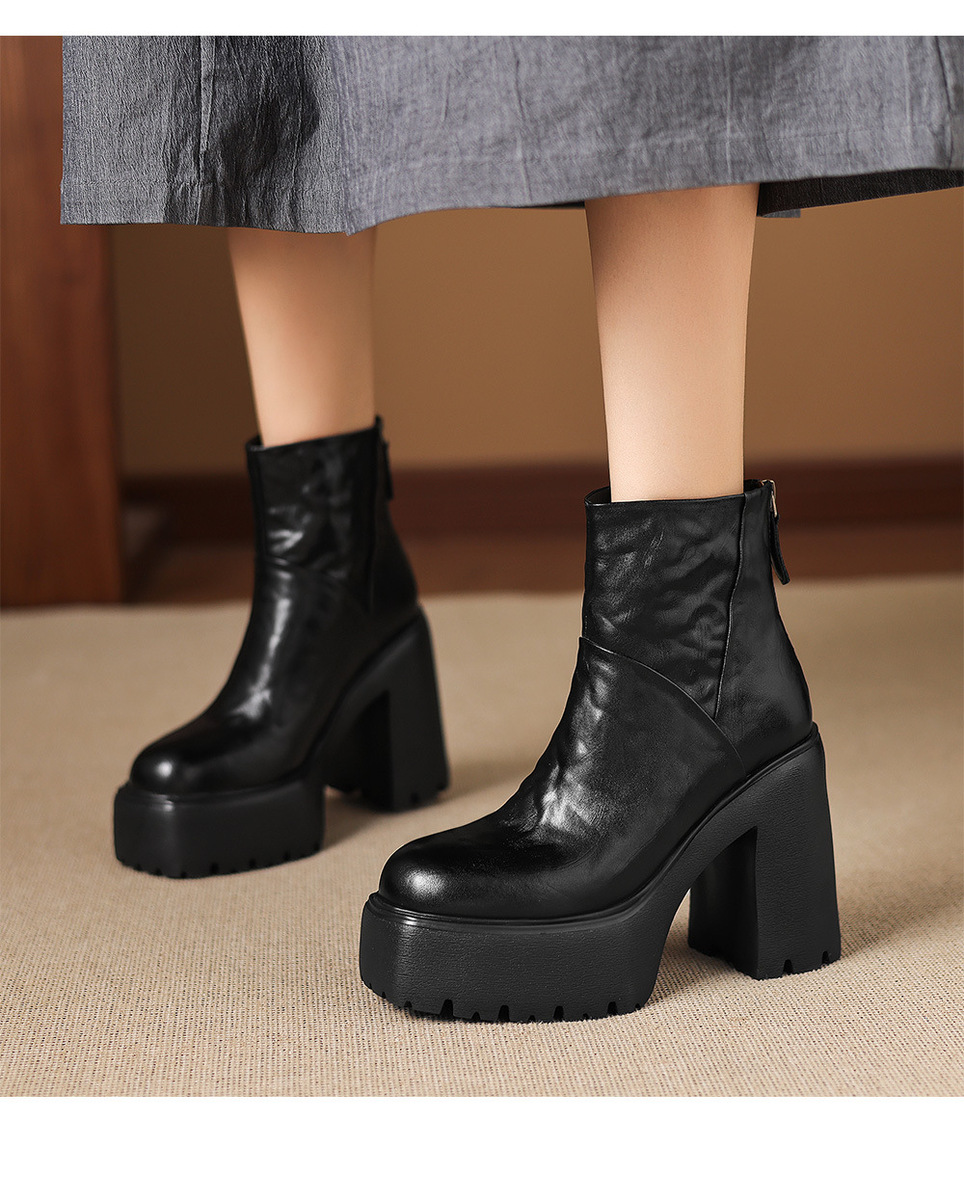 Boot Martin nữ gót thô 12cm đế platform tăng chiều cao, da bò thật — Lớp lót đơn màu đen, Lớp lót đơn màu nâu, Lót nhung đen, Lót nhung màu nâu