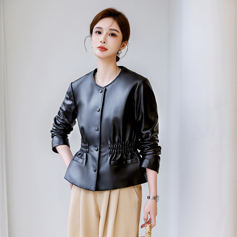 Áo khoác da cừu nữ cổ tròn dáng ngắn thắt eo — Màu đen, Màu Kaki