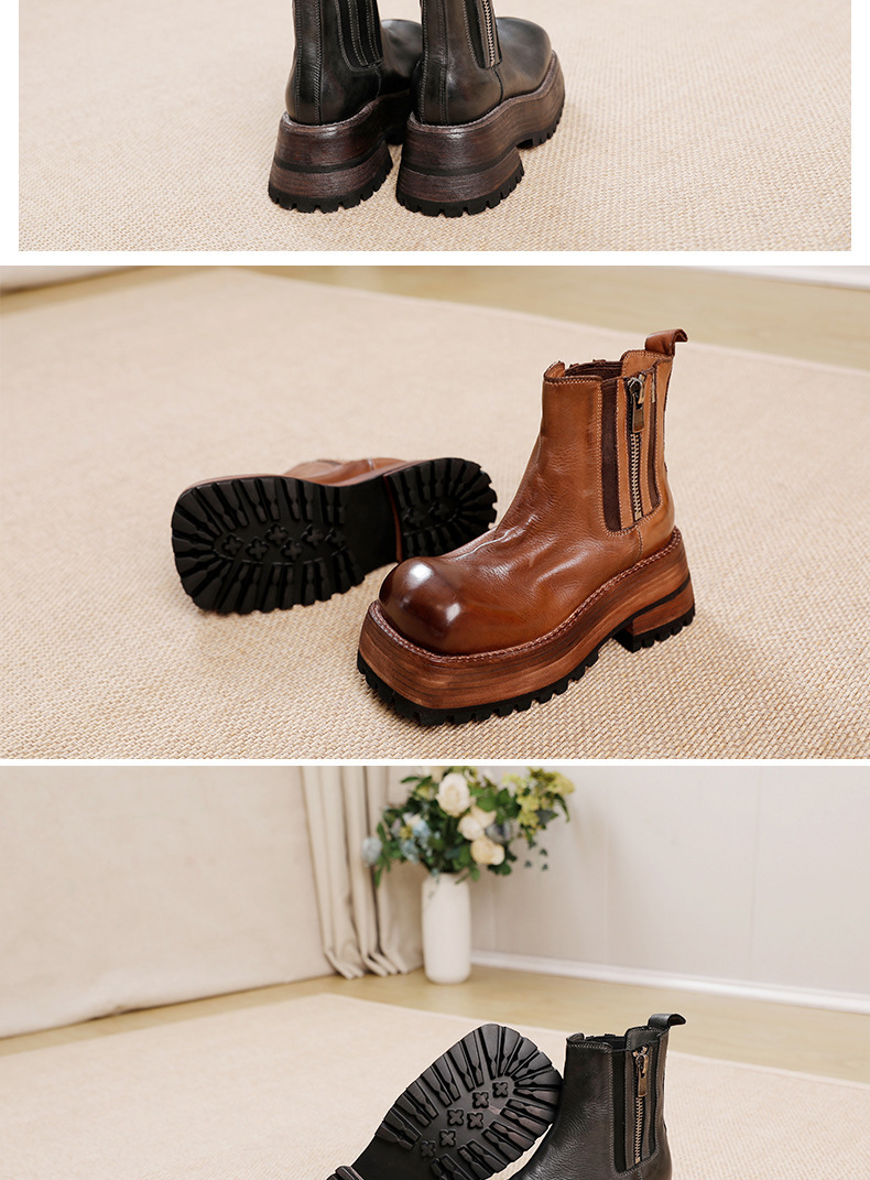 Boot Martin nữ da bò thật đế dày cổ trung, khóa kéo bên — Màu cà phê, Màu đen