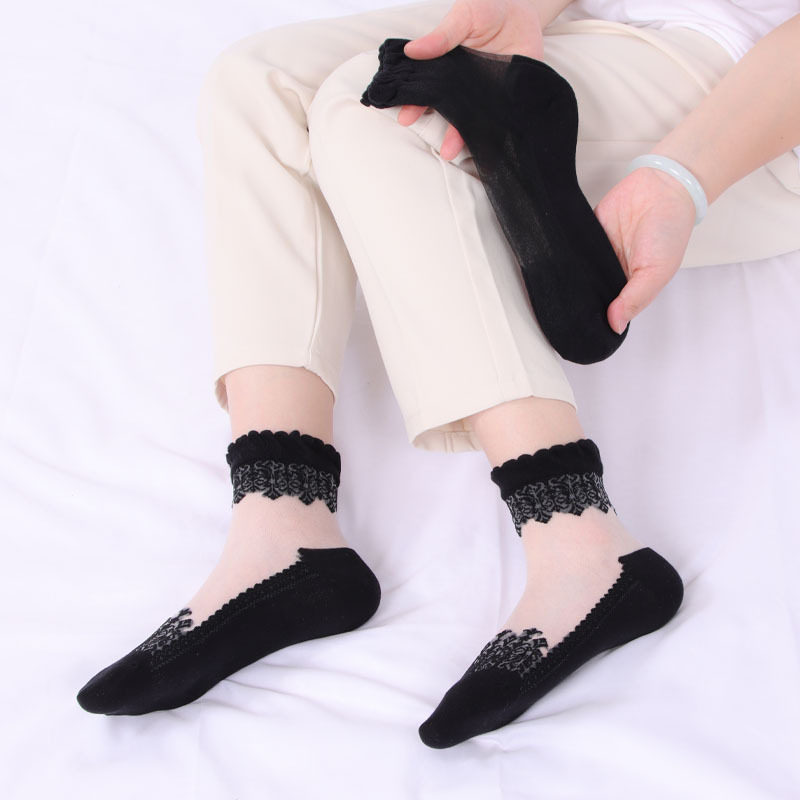 春季薄款中筒袜棉底玻璃丝袜子女蕾丝花边短款袜子防滑透气水晶袜