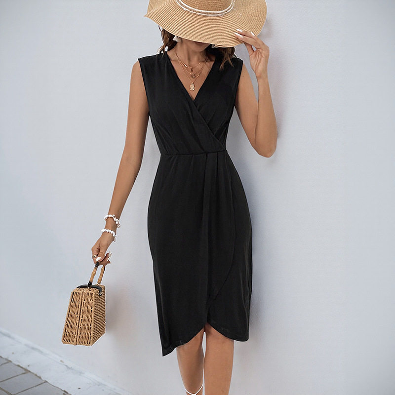 Elegant Black Sleeveless V Neck Split Maxi Dress New Arrival European and American Style Perfect for Vacations