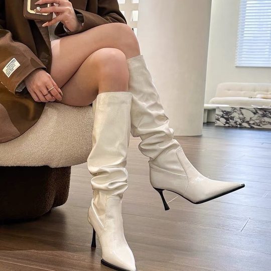 Soft Leather Version ~ Sexy Stiletto Pleated Pile Boots for Sexys Pointed Toe High Knight Boots with Large Circumference and High Heel Boots