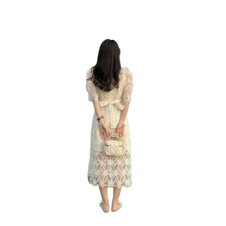 Lace Dress for Women Puff Sleeve High Waist A Line Design Elegant Short Sleeve for Summer