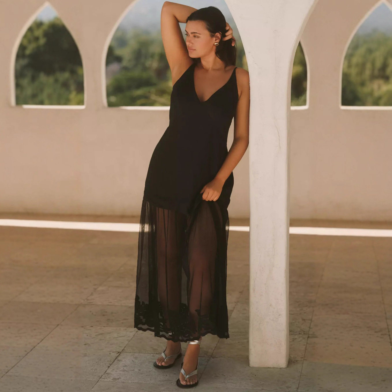 Womens V Neck Backless Sheer Slip Dress Solid Color Lightweight Fabric Elegant Style Perfect for Autumn Events