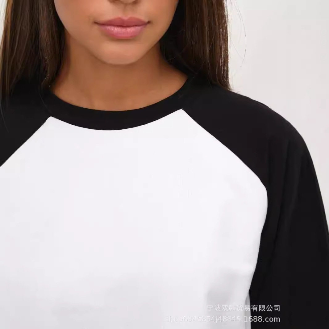 Womens Color Block Long Sleeve T Shirt Casual Loose Fit Round Neck Cotton Fabric Spring and Autumn Essential