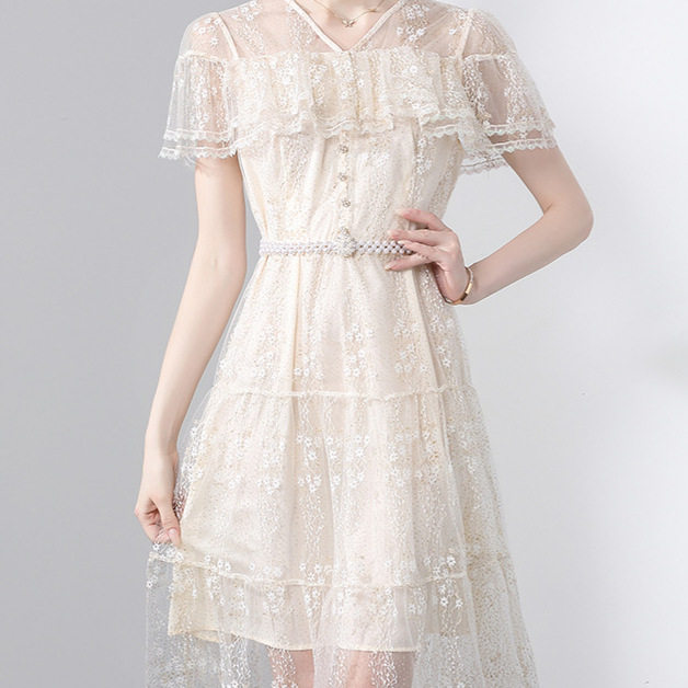 French High End Womens Dress Summer Design Lace Ruffle Trim Waist Defined Elegant Evening Gown Wholesale