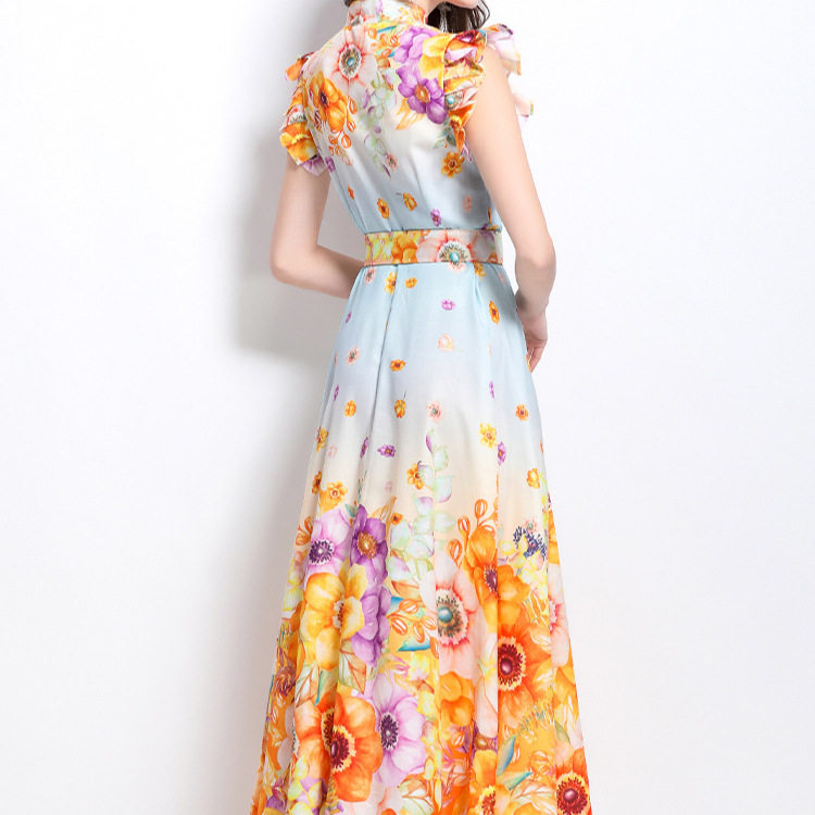 Elegant Floral Print A Line Dress Short Sleeve Stand Collar Waist Tie Flowy Skirt Perfect for Resort Wear