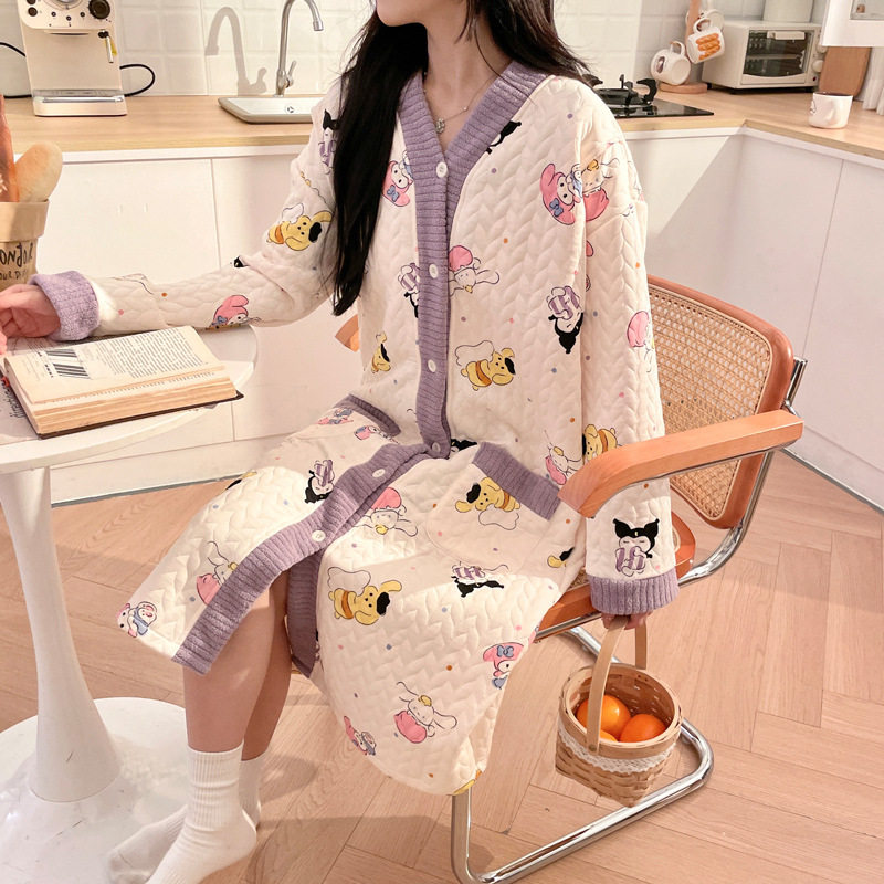 Pregnant Women with Chest Pad Maternal Examination Nightgown Autumn and Winter Nursing Pajamas Postpartum Feeding Air Cotton Maternal Clothing