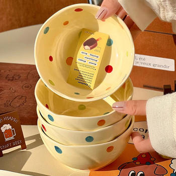 Cream Wave Dot Ceramic Tableware suit Household Complete Set of Bowl and Dish High Beauty Value Simple Ins Underglaze Color Rice Bowl Plate
