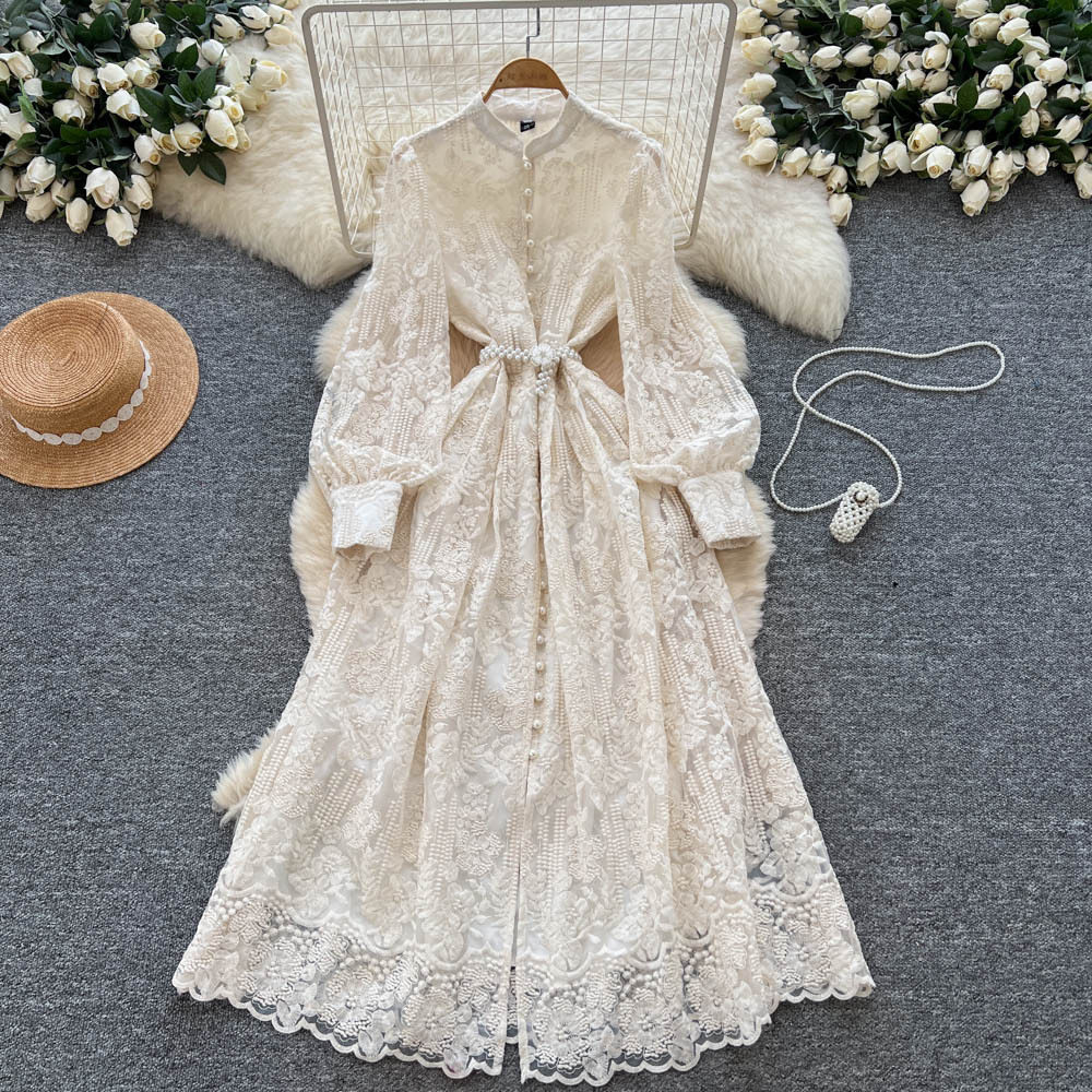 Vintage French Style Embroidered Mesh Dress Beaded Waist Tie A Line Elegant Long Skirt Perfect for Formal Occasions