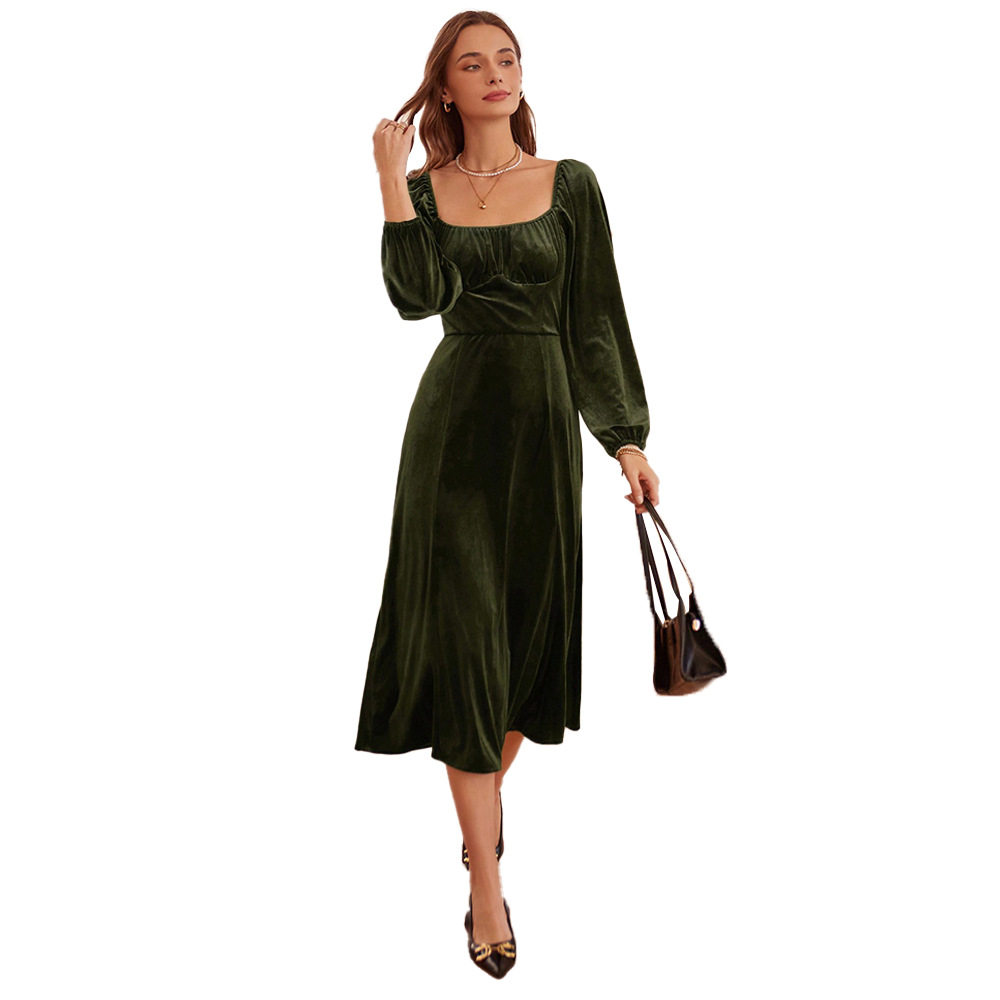 French Vintage A Line Velvet Dress Slim Fit Square Neck Long Sleeve Autumn Winter Fashion Wholesale Available