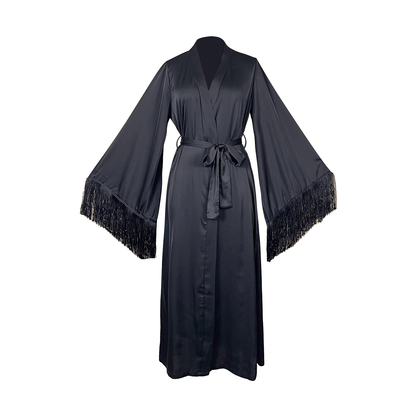 超长睡袍冰丝缎面红色新娘晨袍长袖流苏喇叭袖夏女仿真丝黑色浴袍,淘宝优惠券,粉丝福利购,淘宝优惠卷