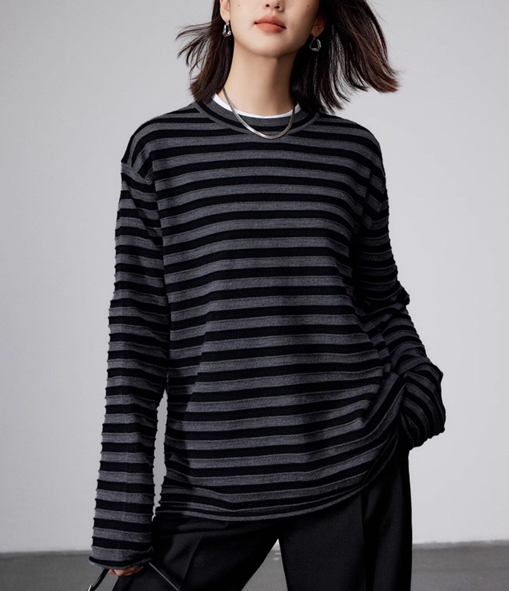 進口chao细美丽诺羊毛 爆款条纹针织衫长袖打底衫上衣