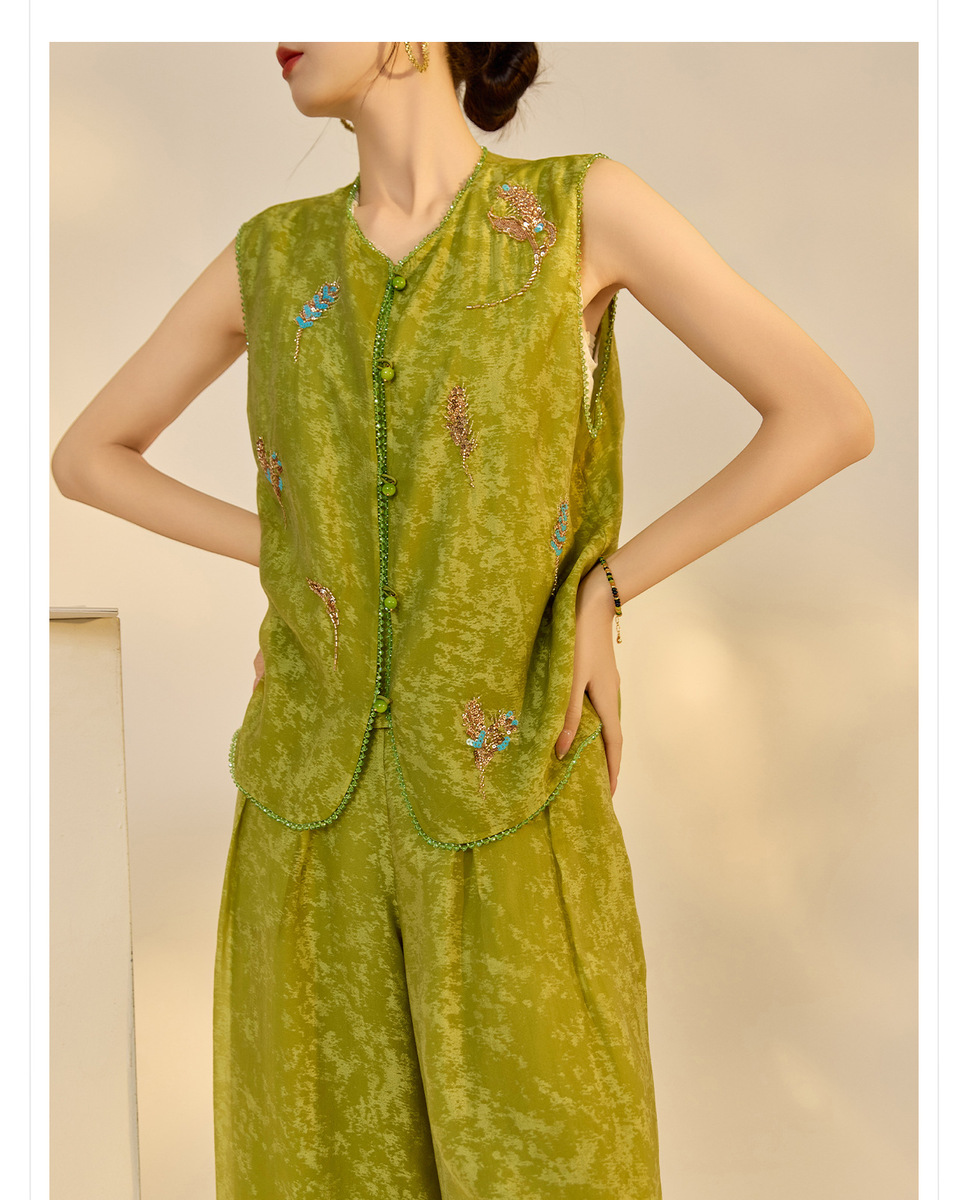 Set gile thêu đính cườm kèm quần dài nữ phong cách thanh lịch — Quần dài màu mơ, Quần dài màu xanh lục, Gi lê màu hồng, Gi lê màu xanh lục