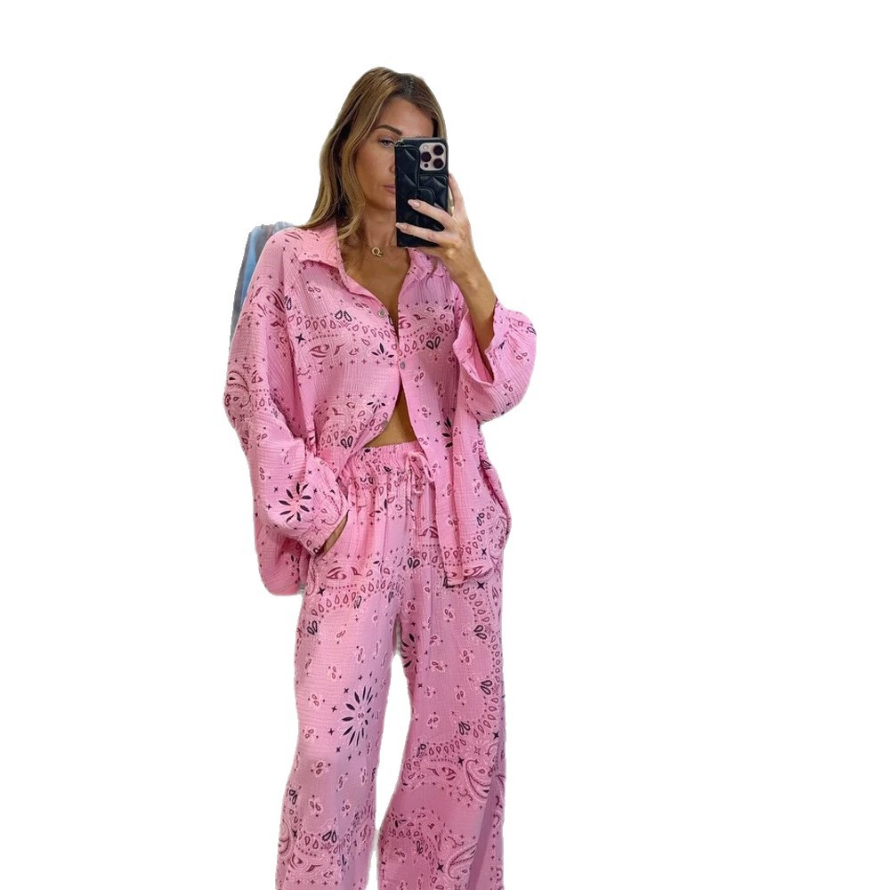 Womens Printed Hollow Out Button Up Shirt and Loose Pants Set Comfortable Trendy Versatile Perfect for Casual