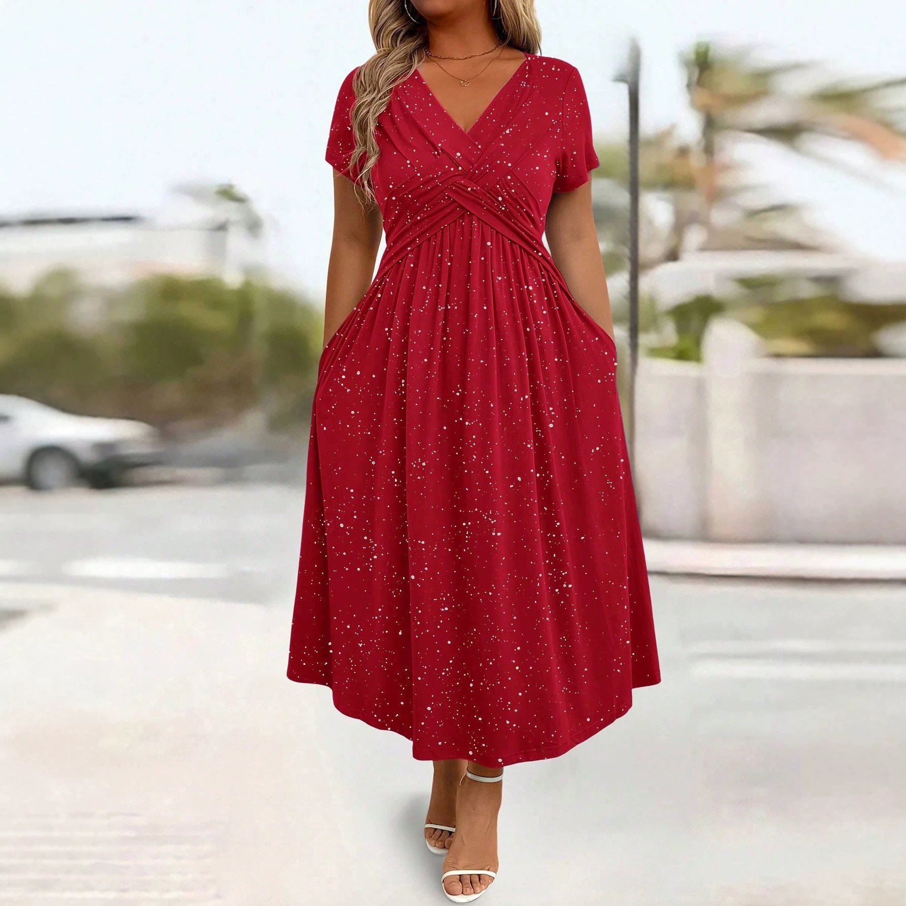 V Neck Short Sleeve Bodycon Dress Shimmering Fabric Waist Defining Fit Summer Style Wholesale Available