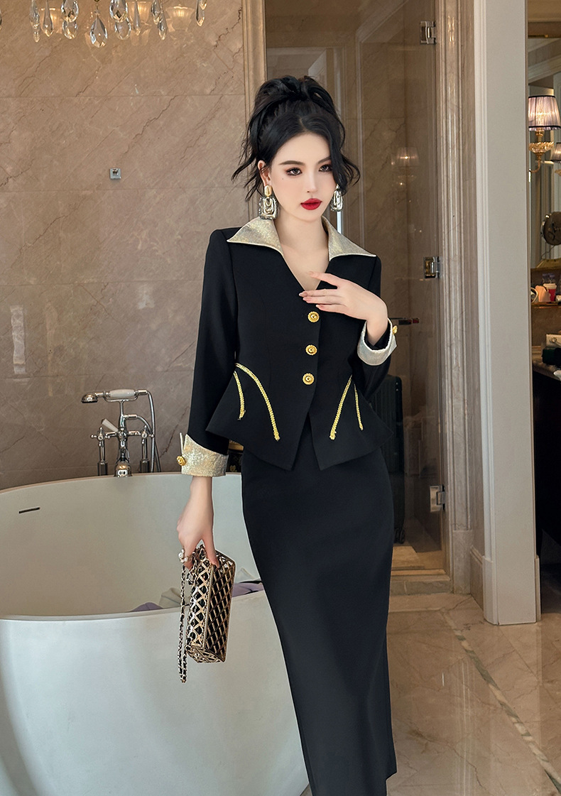Bộ đầm nữ hai món áo khoác cổ chữ V thắt eo và chân váy ôm cạp cao — Màu đen