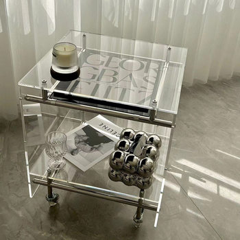 Modern Minimalist Style Transparent Acrylic Trolley Bedside Table, Essential for Living Room and Bedroom, Suitable for Small Apartments and Mobile Use