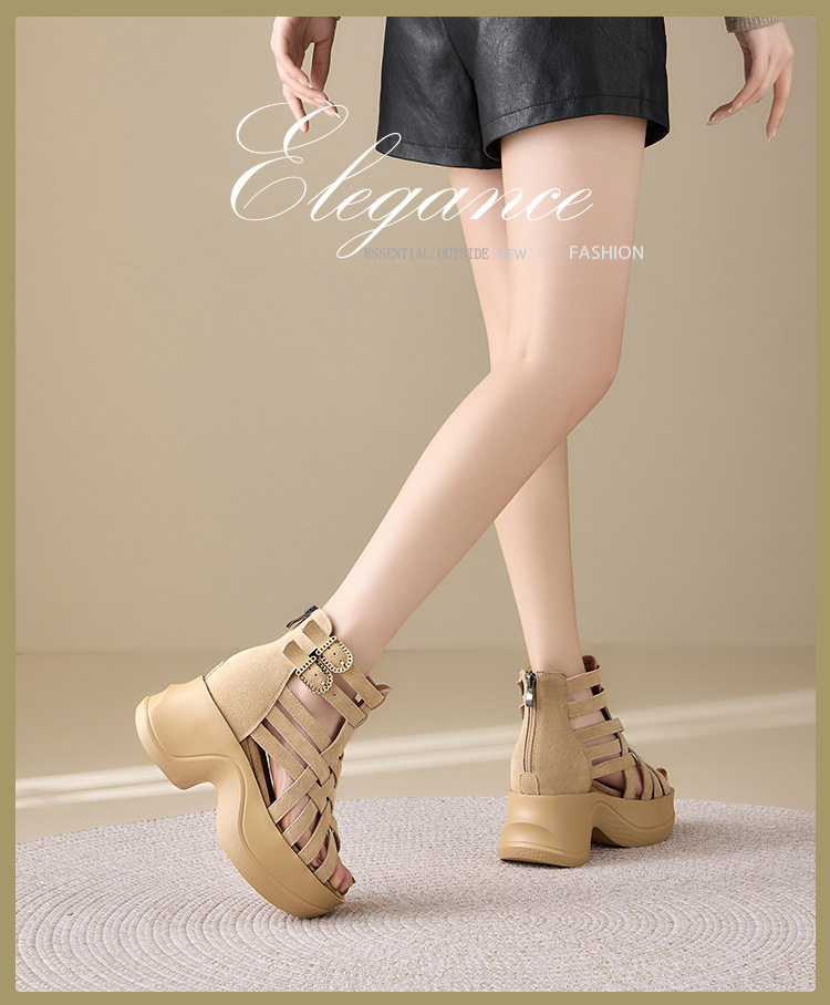 Boot cổ thấp nữ da lộn đế dày 10cm phong cách La Mã — [Màu hồng đào], [Màu đen] chi tiết 1