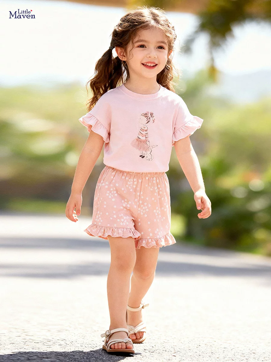 Girls' Summer Cute Set, Crew Neck T-Shirt & Shorts Two-Piece Outfit