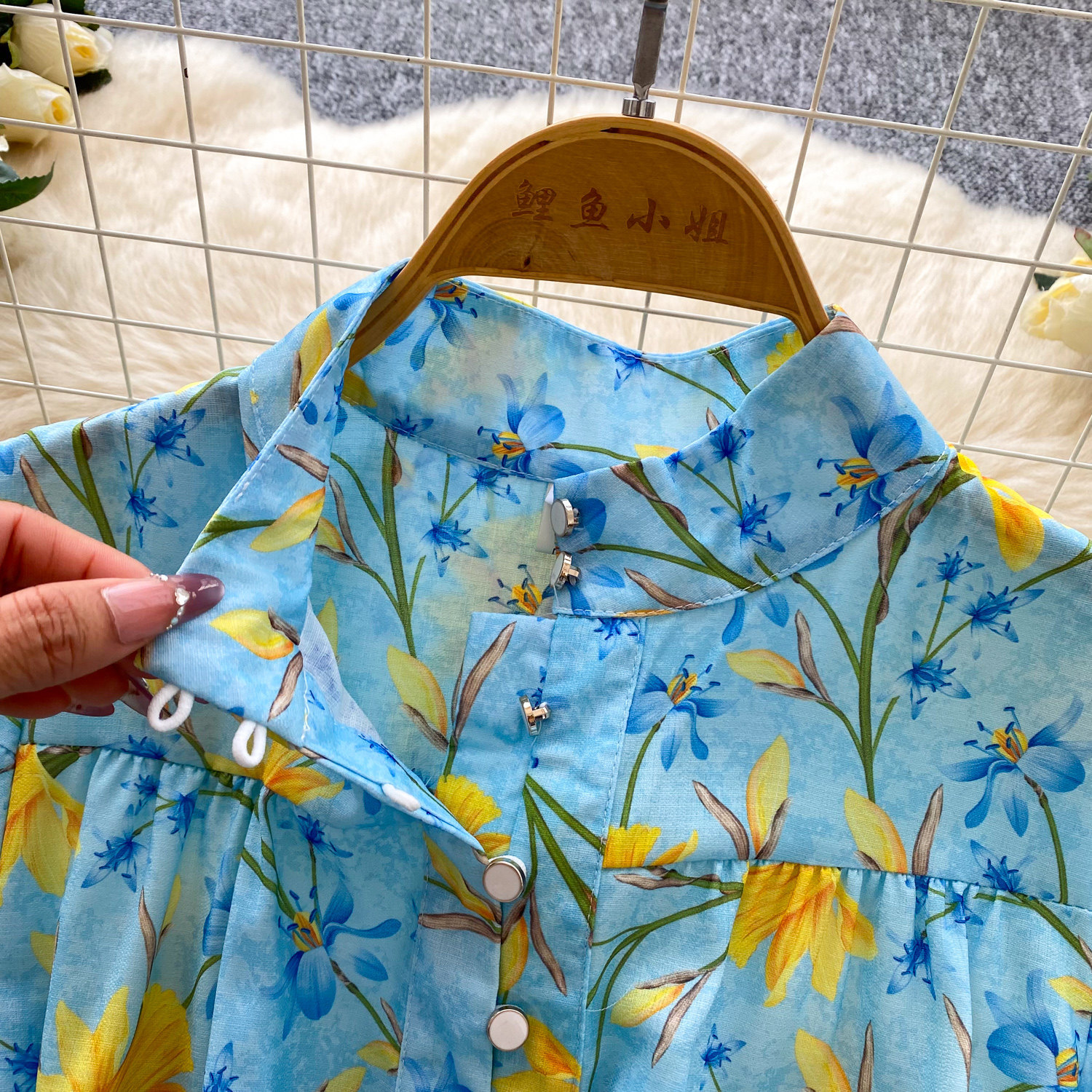 Vintage French Style Blue Floral Long Sleeve Dress Stand Collar Tie Waist Slim Fit A Line Elegant for Spring and