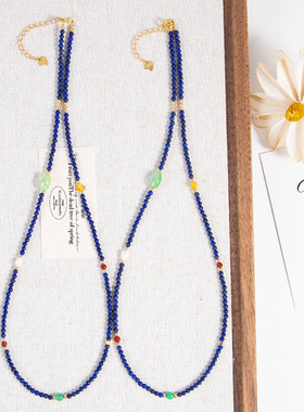 明镜蓝|新款纯银925国风项链优雅气质天然青金石珍珠玛瑙多串珠链