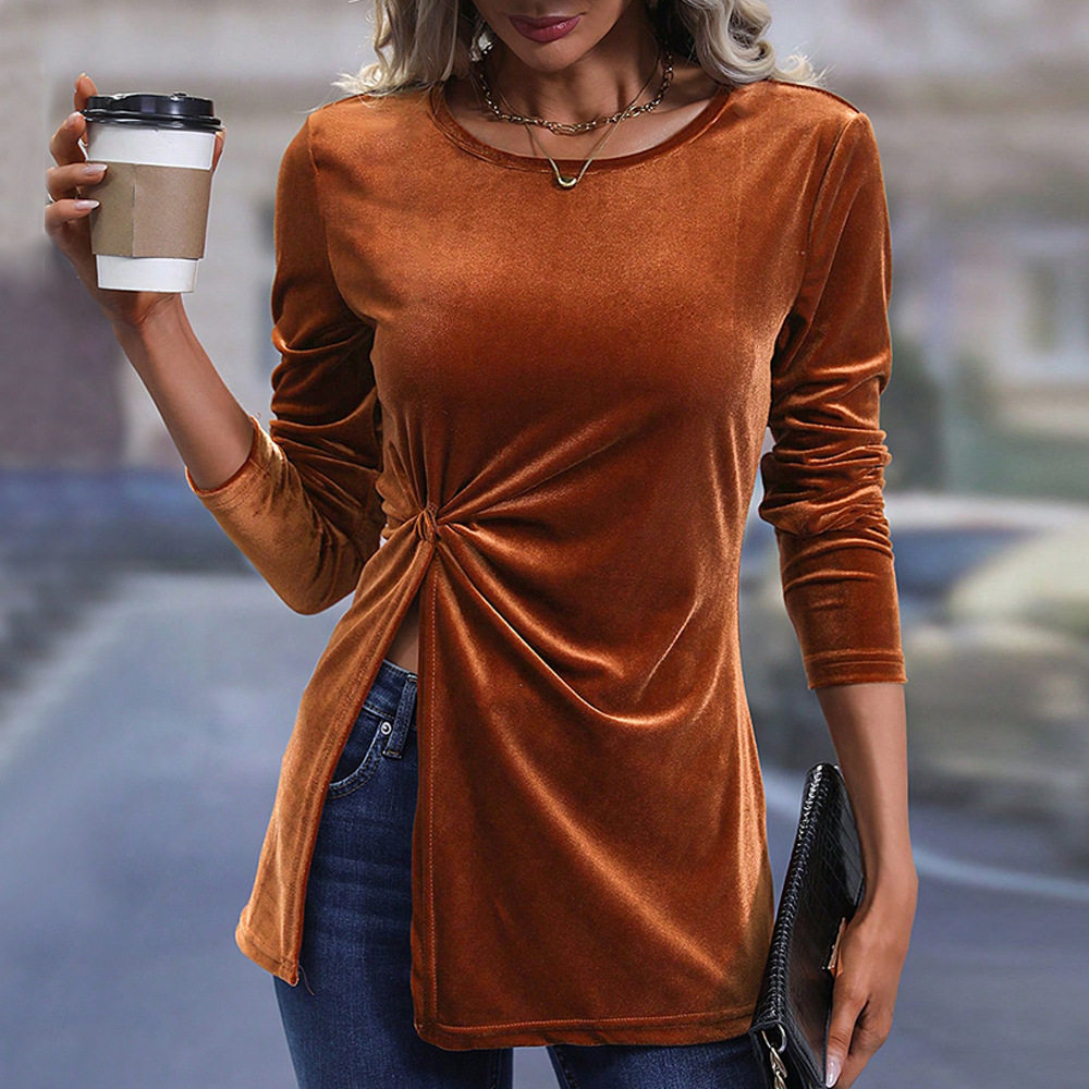 Long Sleeve Velvet T Shirt Irregular Split Hem Elegant Sexy Autumn Winter Womens Fashion Wholesale Available