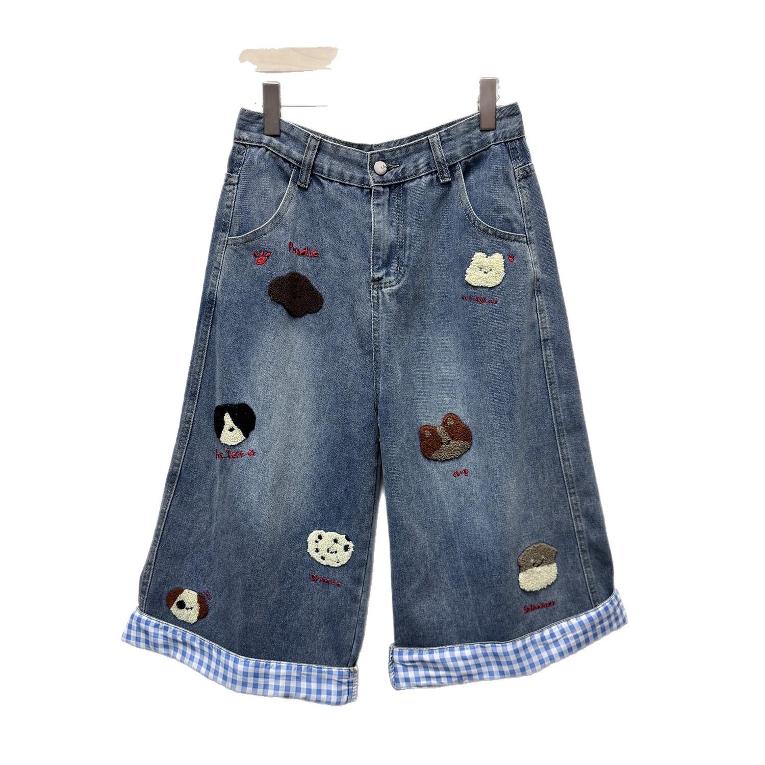 Vintage Dog Embroidery Plaid Patchwork Wide Leg Cropped Jeans for Women Relaxed Fit Stylish Design Casual Wear