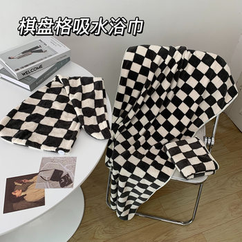 Checkerboard Bath Towel Women's Non-lint Coral Fleece Winter Towel Thickened Extra Large Water Absorbing Good Household Shower Cap Three-piece Set
