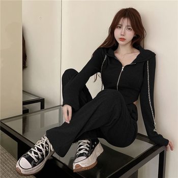 Fashion suit Women 2025 Spring and Autumn New Loose Casual Sports Wide Leg Pants High Waist Slim-Fit Sweatshirt Two-piece Set