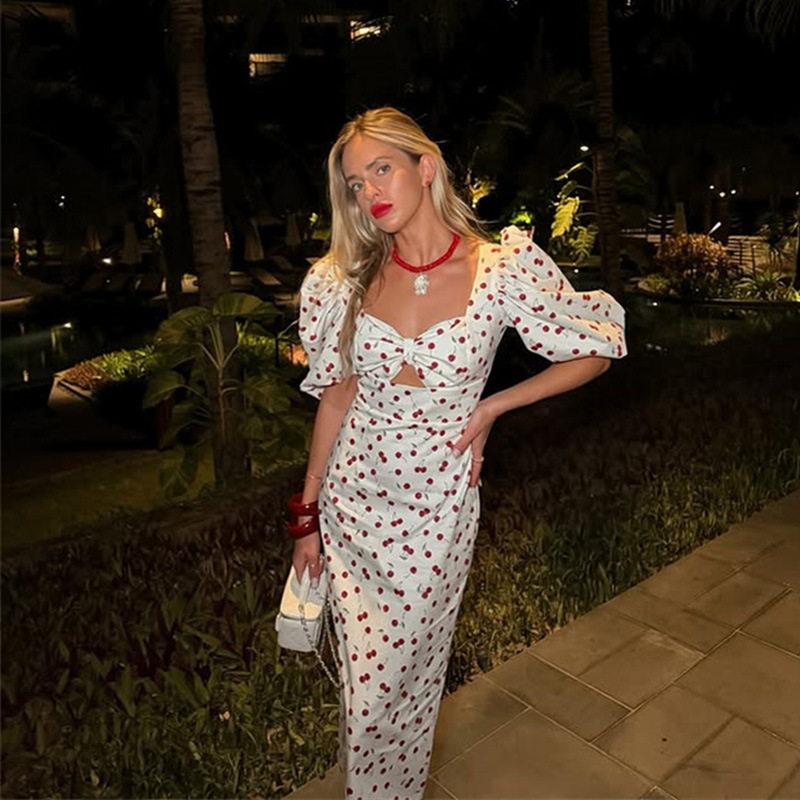 French Style Womens Dress Sweet Spring Summer Design Square Neck Puff Sleeves Pleated Polka Dot Print Wholesale