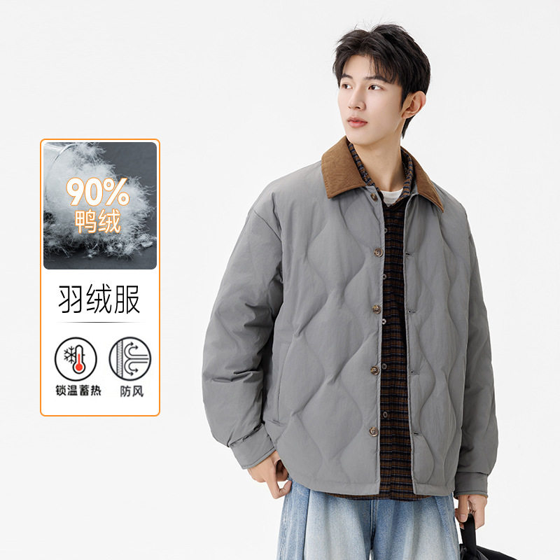 American Retro Lapel Workwear down Jacket for Men, Trendy Brand with Wave Pattern Design, Duck down Top, Lightweight Warm Coat