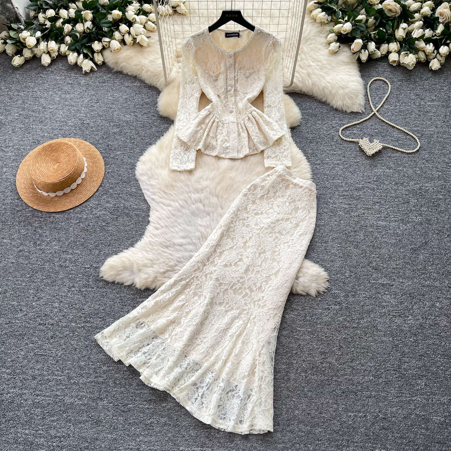 French Style V Neck Lace Long Sleeve Top and Midi Skirt Set Slim Fit Elegant Design Autumn Fashion Wholesale Available